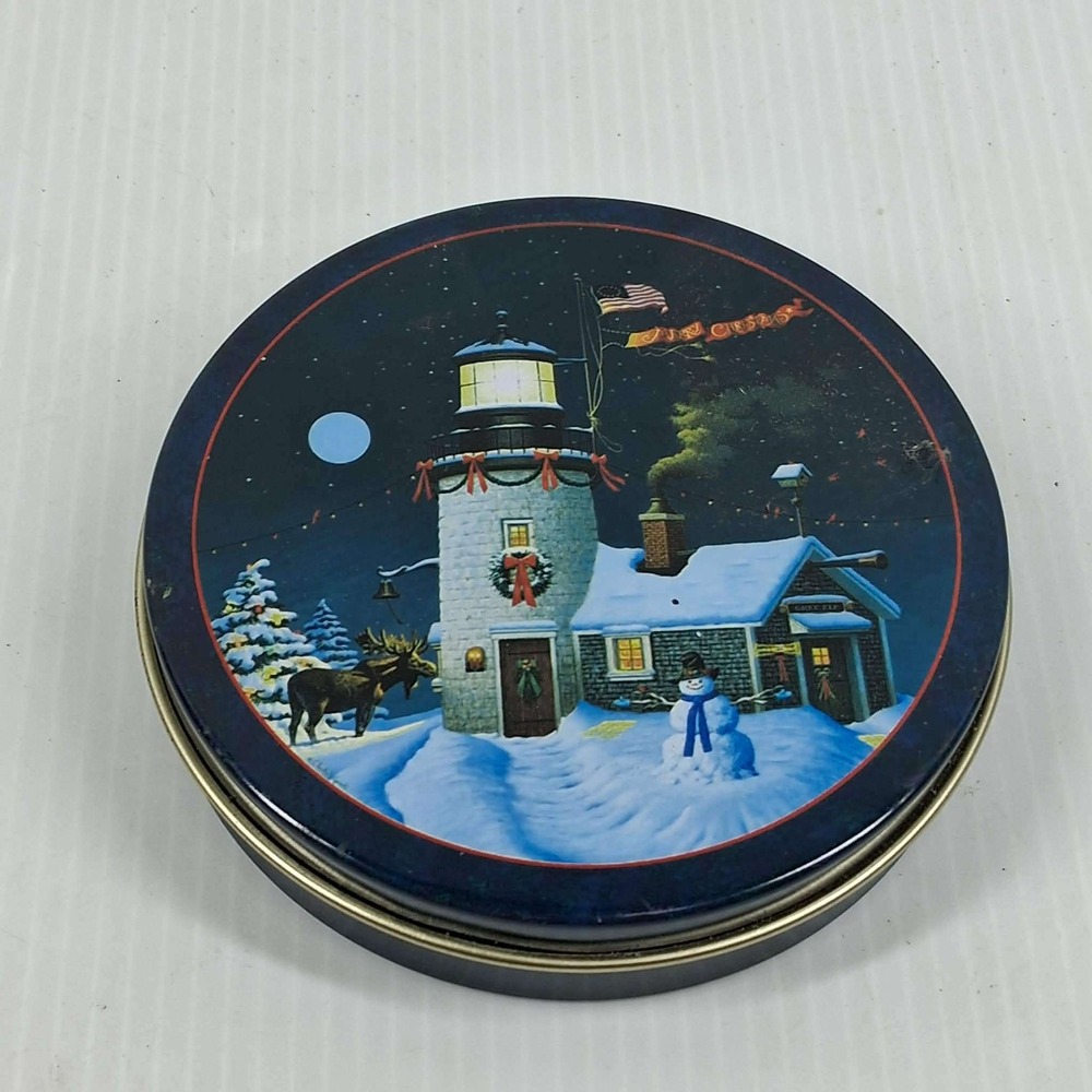 Charles Wysocki Mosaic Winter Lighthouse Coaster Set with Tin 4 Piece Americana